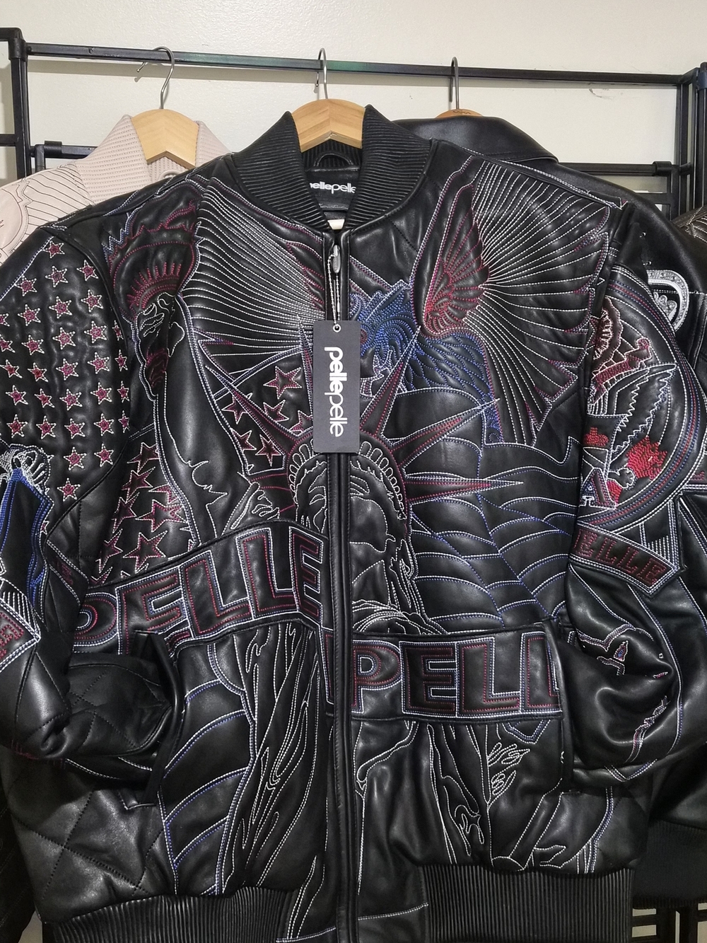 Pelle Pelle Black Leather Embroidered Bomber with Red & Blue Accents